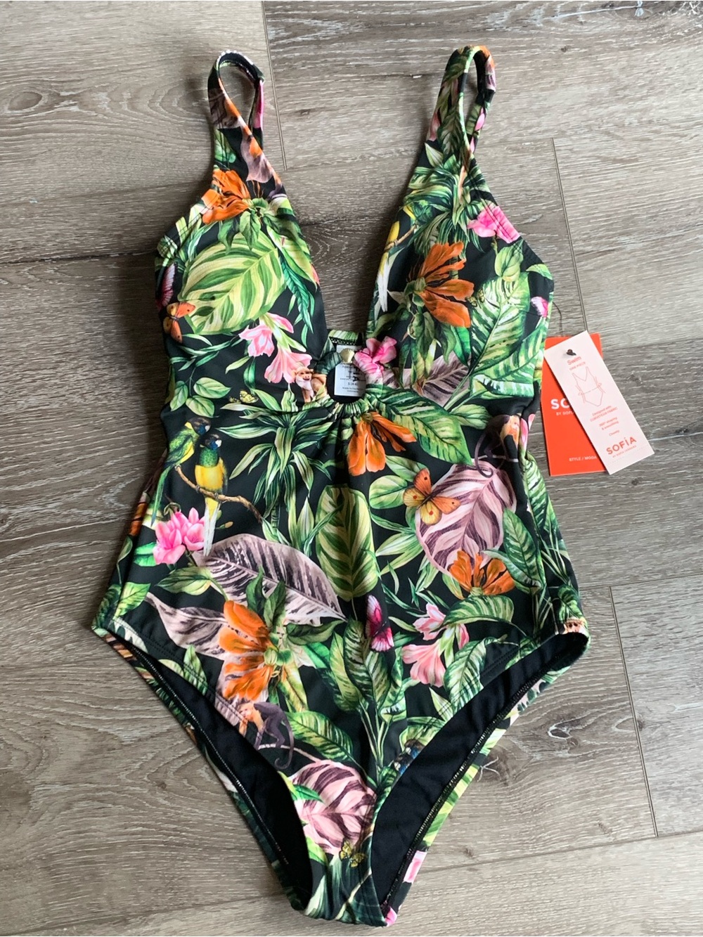 Sofia Floral Tropical Print One-Piece Swimsuit in Black Size S